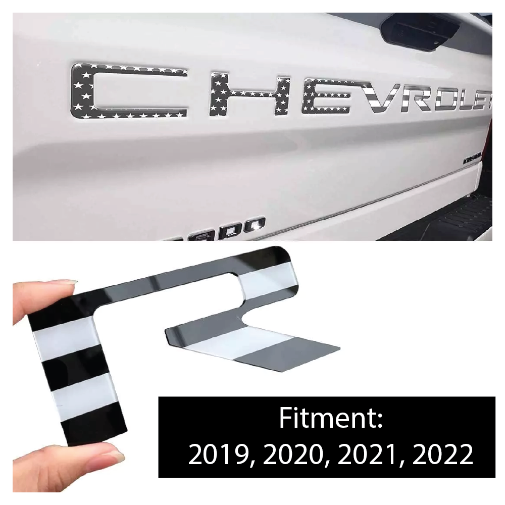 Replacement for Chevrolet Silverado 3D Raised Tailgate Letters BLACK & WHITE USA FLAG || 2019 - 2022