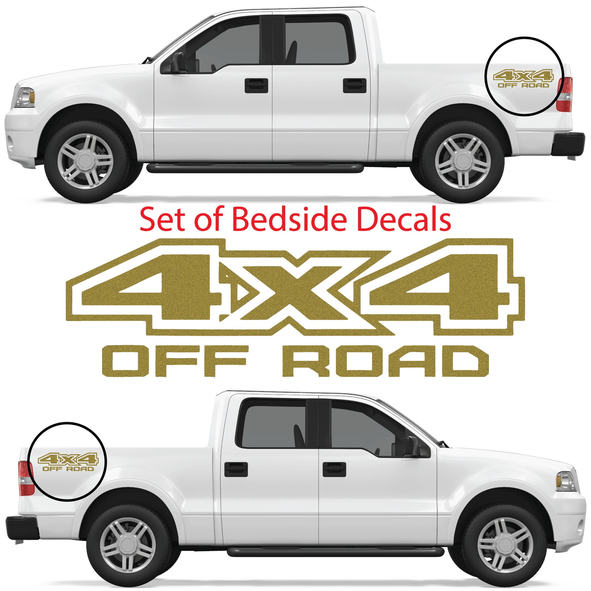 Shop Vinyl Design F-150 F-250 Trucks 4 x 4 Off Road Replacement Bedside Decals #05 Vehicle decal 001 Gold Metallic Shop Vinyl Design decals stickers