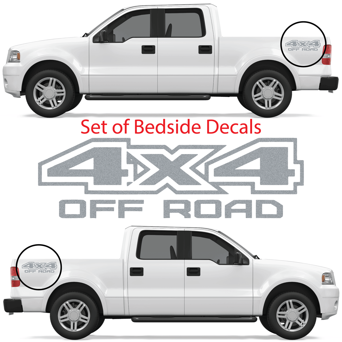 Shop Vinyl Design F-150 F-250 Trucks 4 x 4 Off Road Replacement Bedside Decals #05 Vehicle decal 001 Silver Metallic Shop Vinyl Design decals stickers