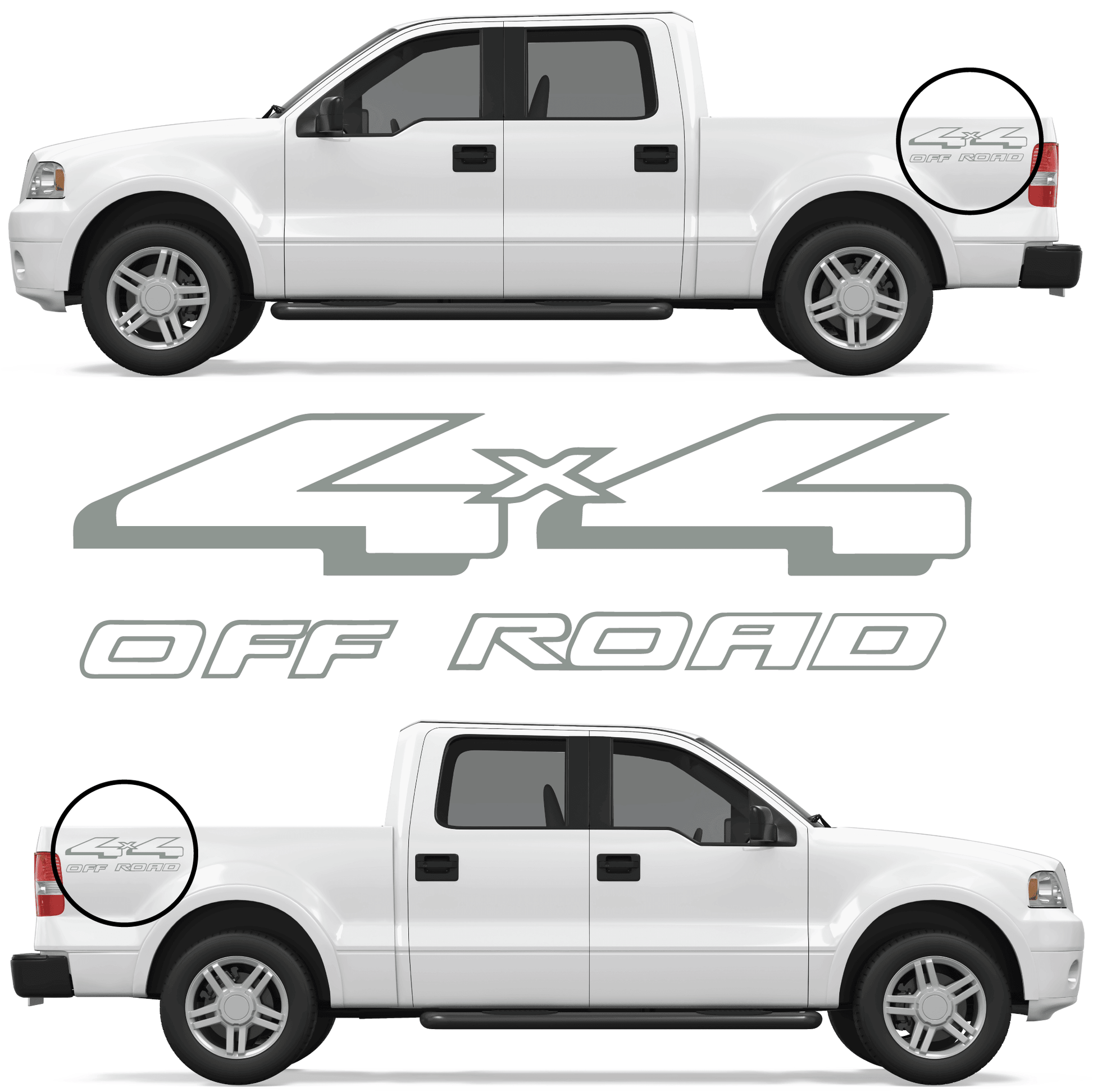 Shop Vinyl Design F-150 F-250 Trucks 4 x 4 Off Road Replacement Bedside Decals #08 (14x4) Vehicle decal 001 Grey Gloss Shop Vinyl Design decals stickers