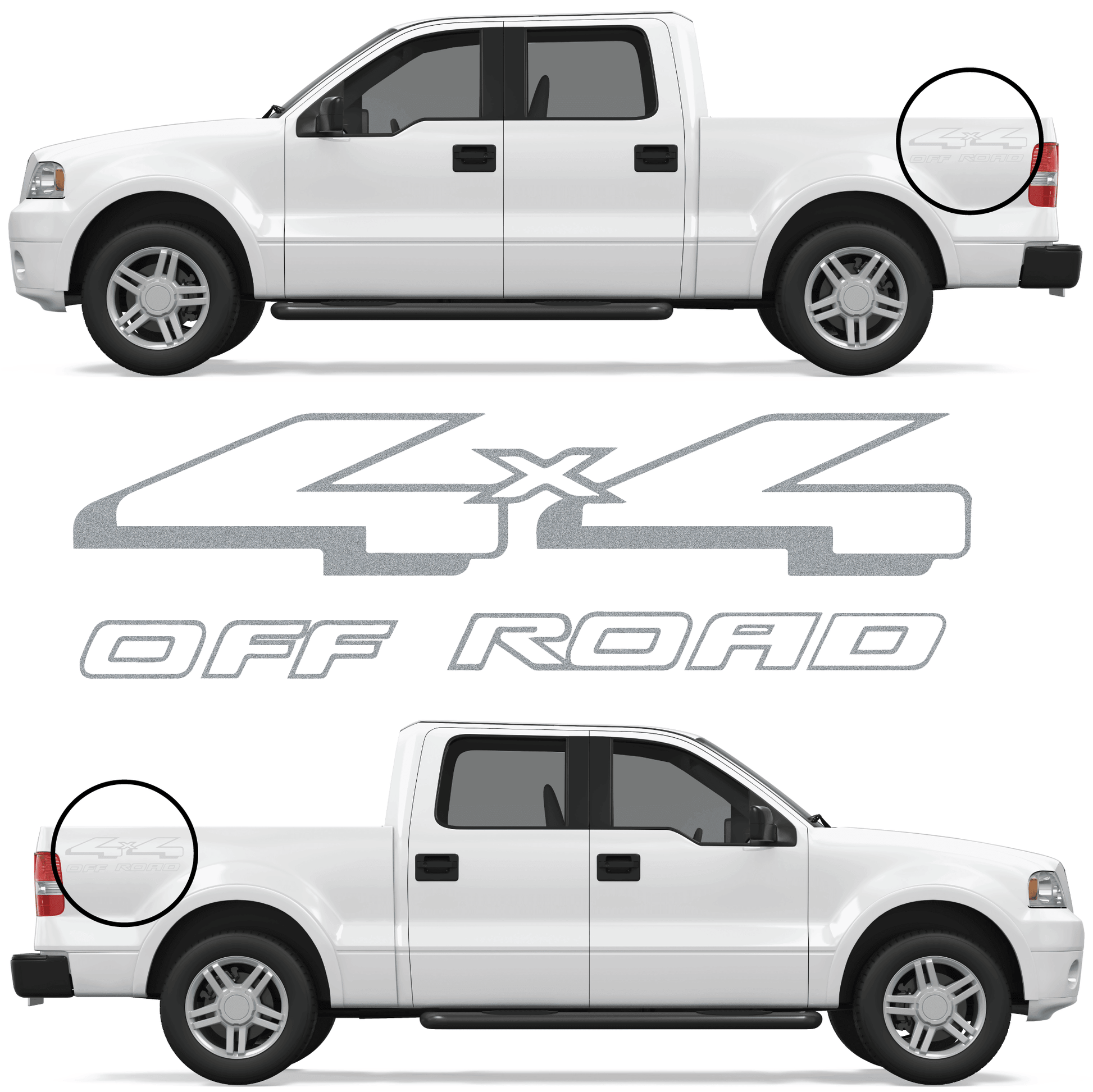 Shop Vinyl Design F-150 F-250 Trucks 4 x 4 Off Road Replacement Bedside Decals #08 (14x4) Vehicle decal 001 Silver Metallic Shop Vinyl Design decals stickers
