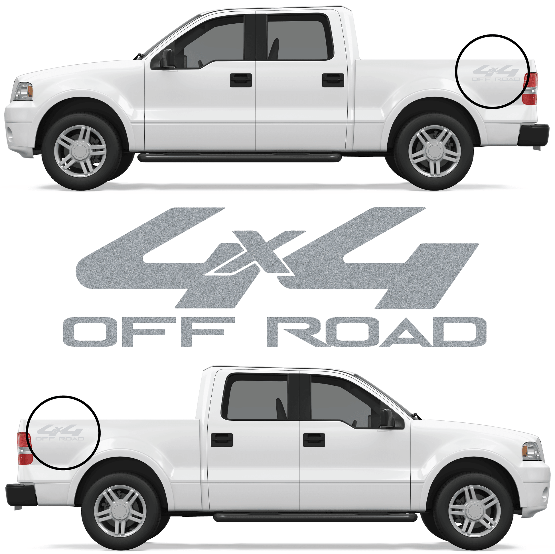 Shop Vinyl Design F-150 F-250 Trucks 4 x 4 Off Road Replacement Bedside Decals #20 Vehicle decal 001 Silver Metallic Shop Vinyl Design decals stickers