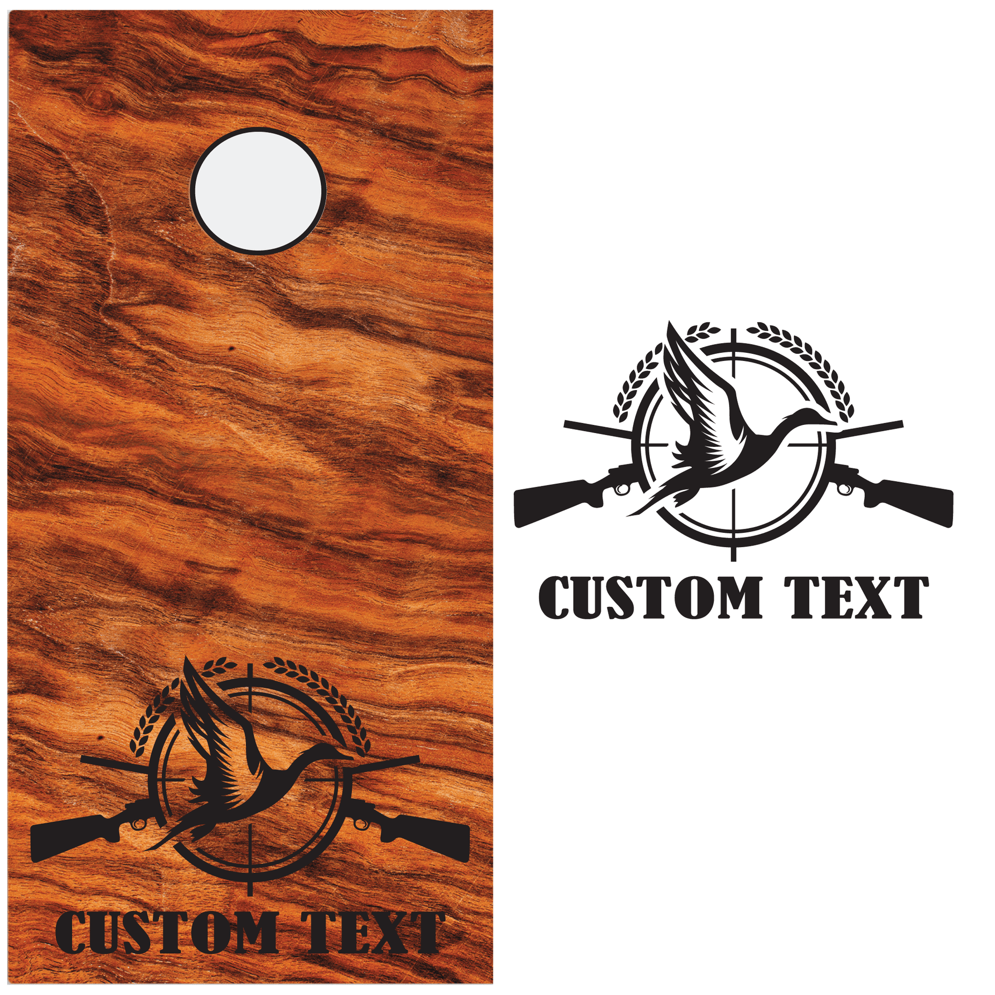 ShopVinylDesignStore.com CUSTOM TEXT with Duck and Guns for Corn Hole Boards Wide Style 26 Shop Vinyl Design decals stickers