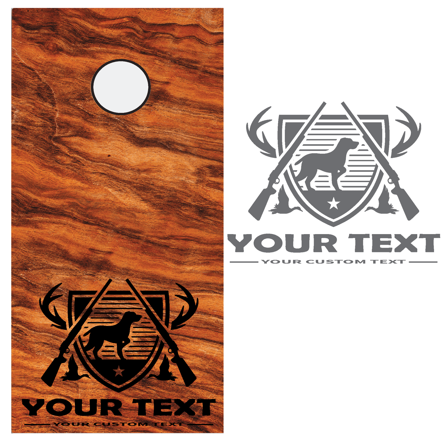 ShopVinylDesignStore.com CUSTOM TEXT with Hunting Dog and Guns for Corn Hole Boards Wide Style 24 Shop Vinyl Design decals stickers