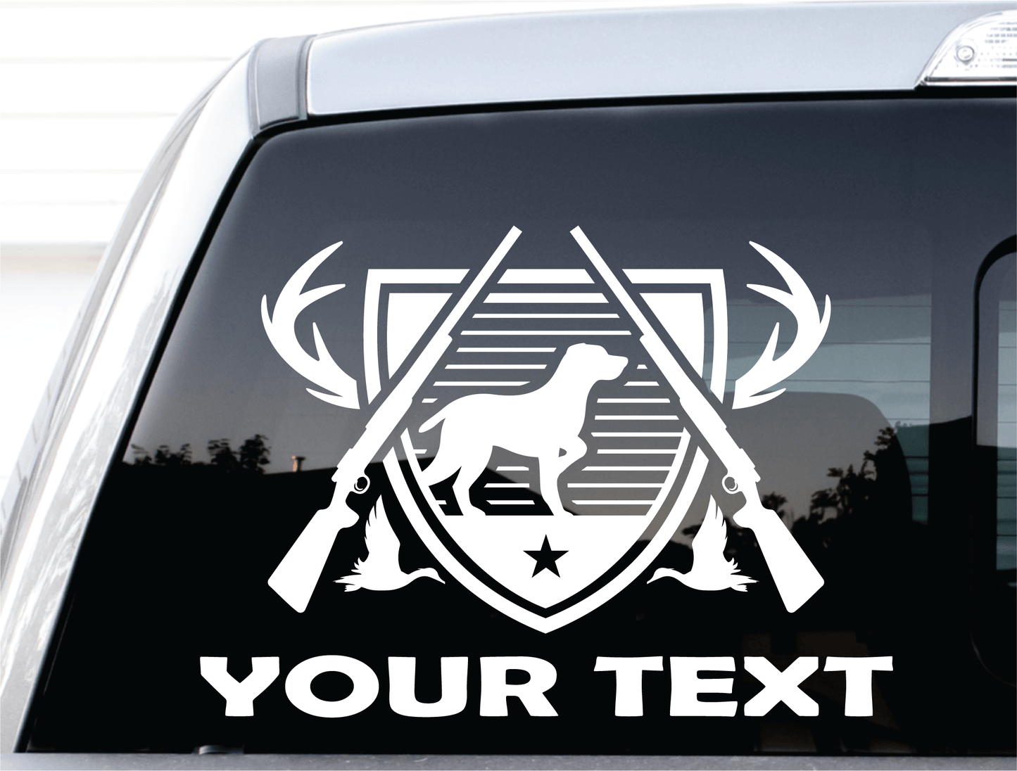 ShopVinylDesignStore.com Hunting Dog with Ducks/Deer Rack and Guns Add Your Custom Text custom text 1 line Shop Vinyl Design decals stickers