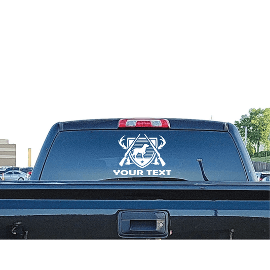 ShopVinylDesignStore.com Hunting Dog with Ducks/Deer Rack and Guns Add Your Custom Text custom text 1 line Shop Vinyl Design decals stickers