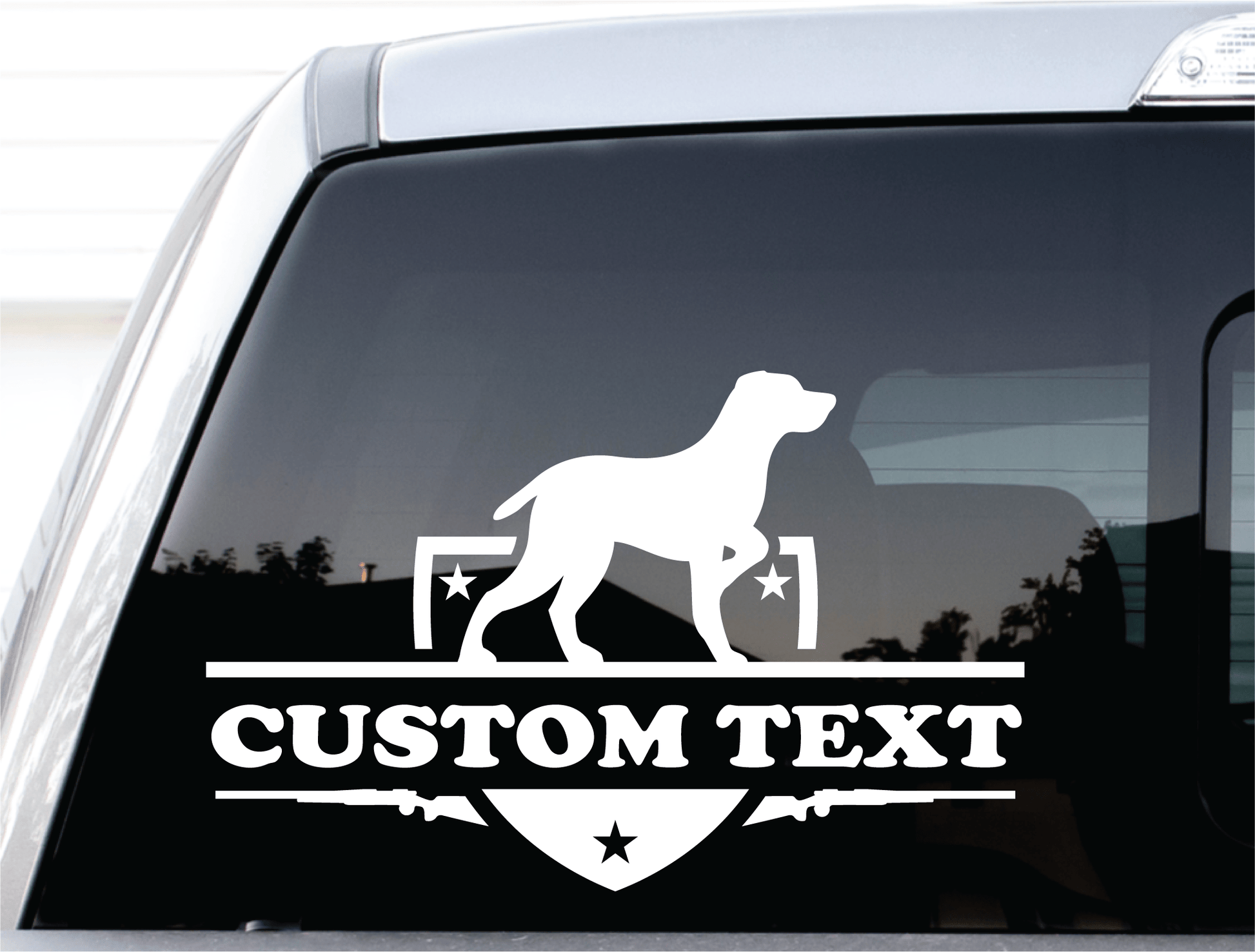 ShopVinylDesignStore.com Hunting Dog with Guns Add Your Custom Text Add Your Custom Text custom text 1 line Shop Vinyl Design decals stickers