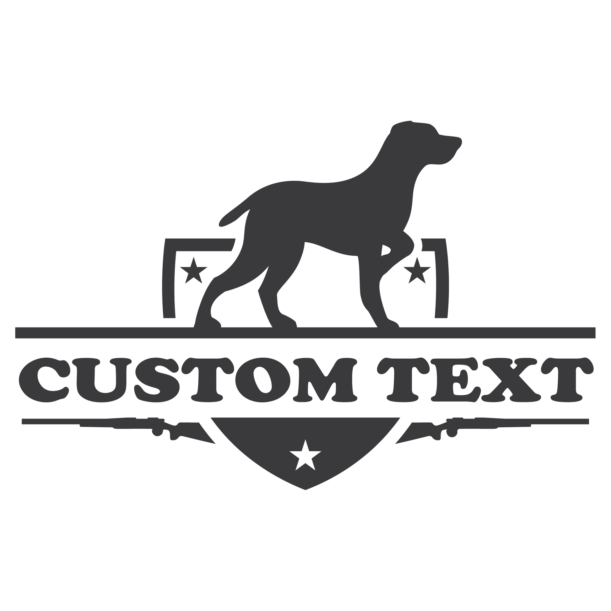 ShopVinylDesignStore.com Hunting Dog with Guns Add Your Custom Text Add Your Custom Text custom text 1 line Shop Vinyl Design decals stickers