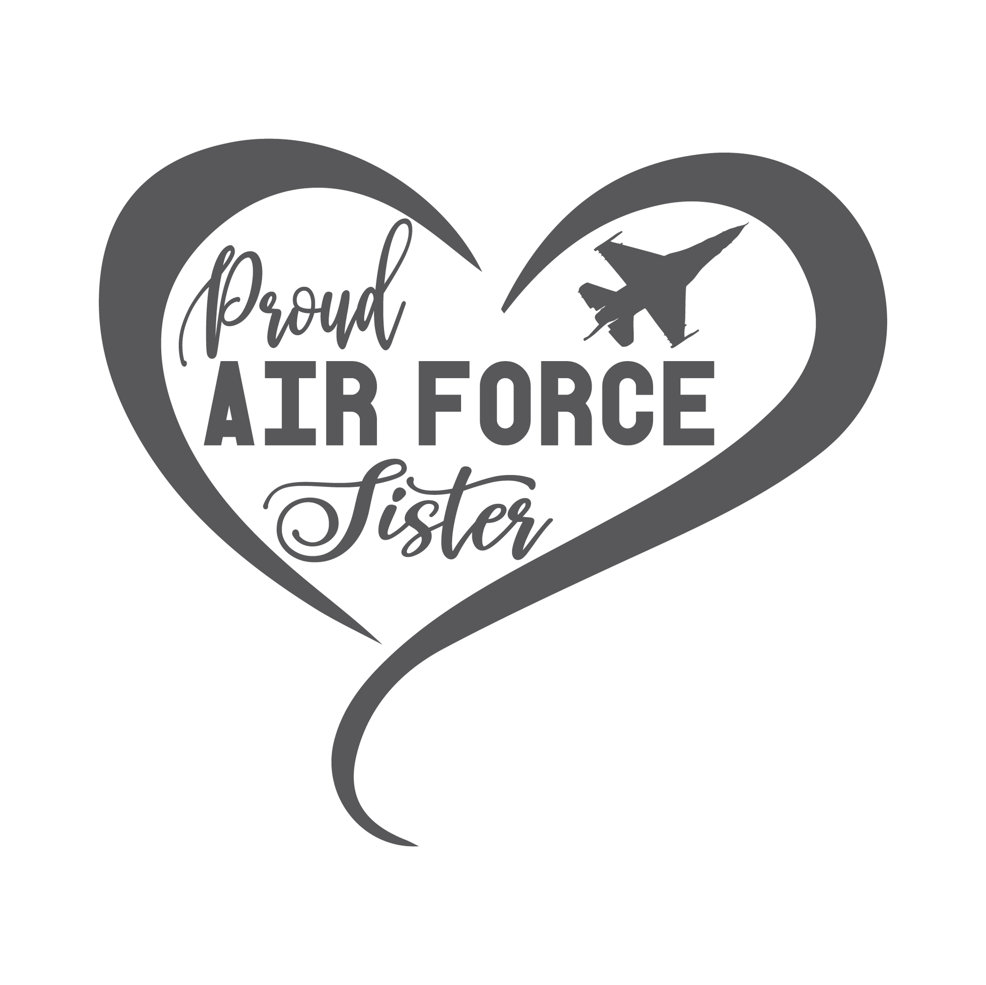 ShopVinylDesignStore.com Proud Air Force Sister, Heart with Jet Plane Wide Shop Vinyl Design decals stickers