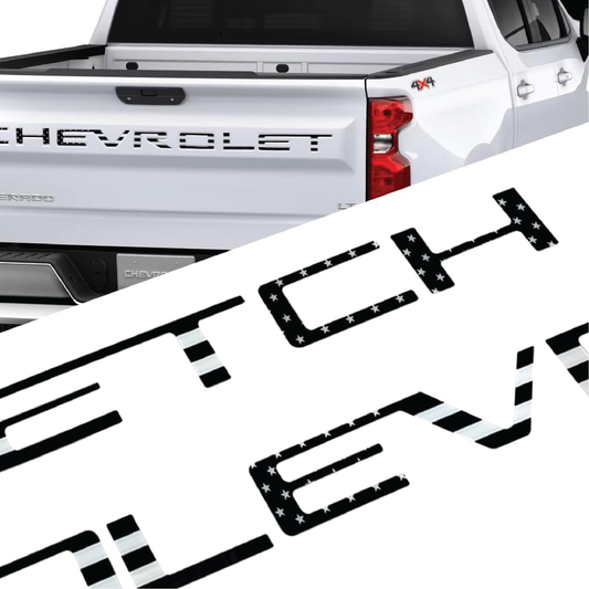 Replacement for Chevrolet Silverado 3D Raised Tailgate Letters BLACK & WHITE USA FLAG || 2019 - 2022