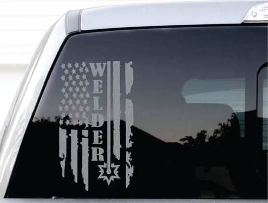 WELDER USA FLAG DECAL ON TRUCK WINDOW BY SHOP VINYL DESIGN