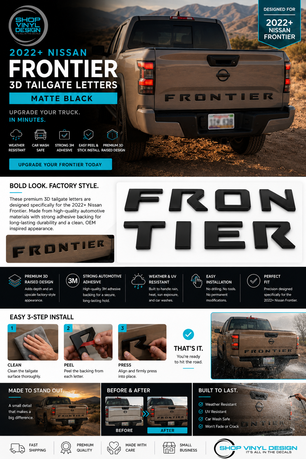 Replacement for Nissan Frontier 3D Raised Tailgate Letters BLACK MATTE || 4-Door 2022 - 2024