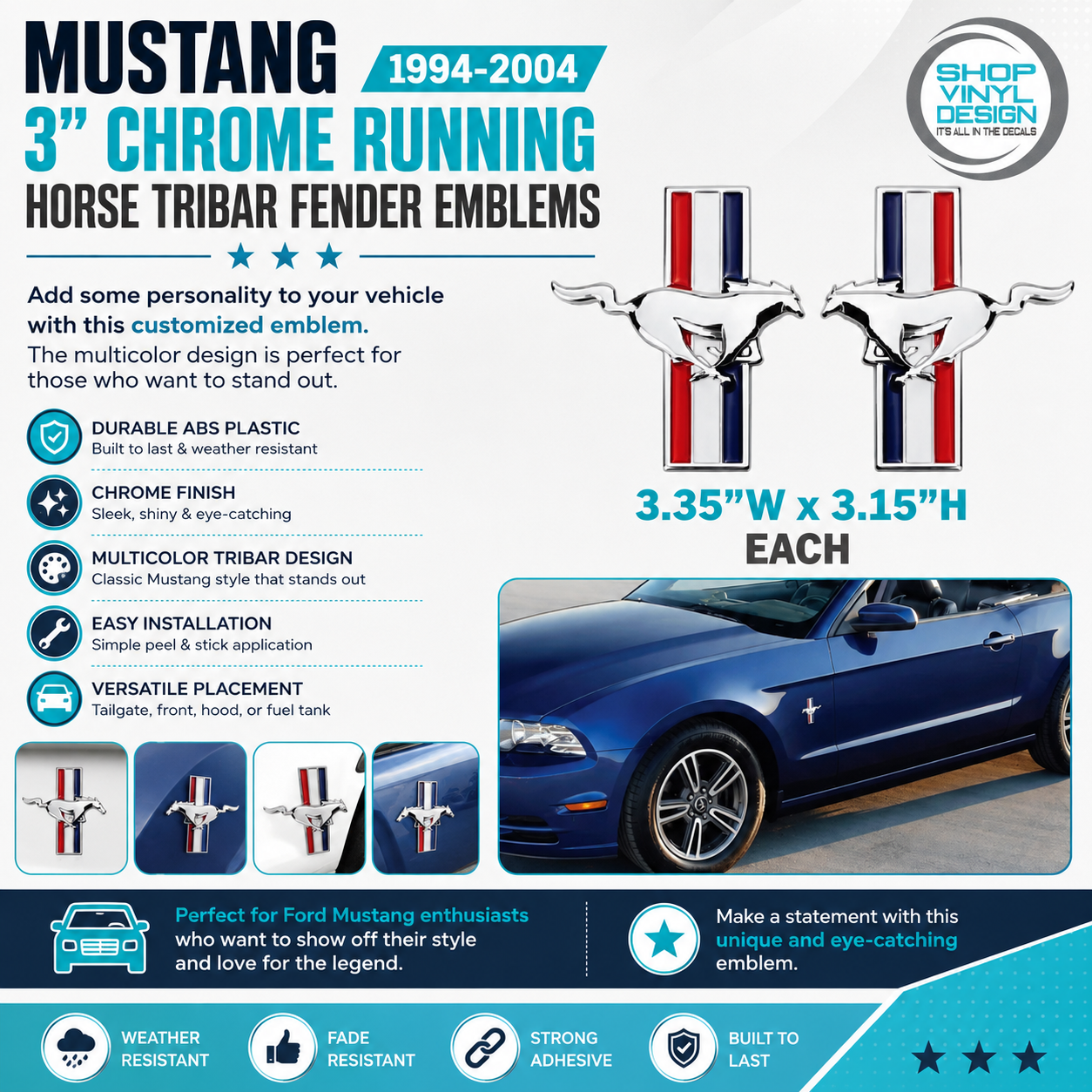 Mustang 1994-2004 || 3" Chrome Running Horse Tribar Fender Emblems (made for)