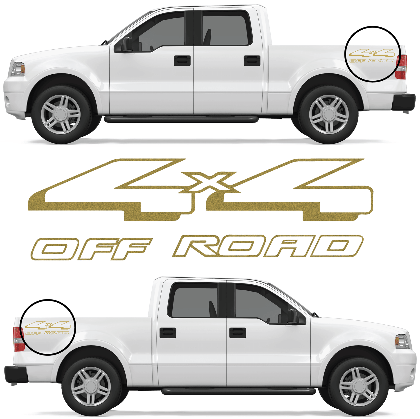 Shop Vinyl Design F-150 F-250 Trucks 4 x 4 Off Road Replacement Bedside Decals #08 (14x4) Vehicle decal 001 Gold Metallic Shop Vinyl Design decals stickers