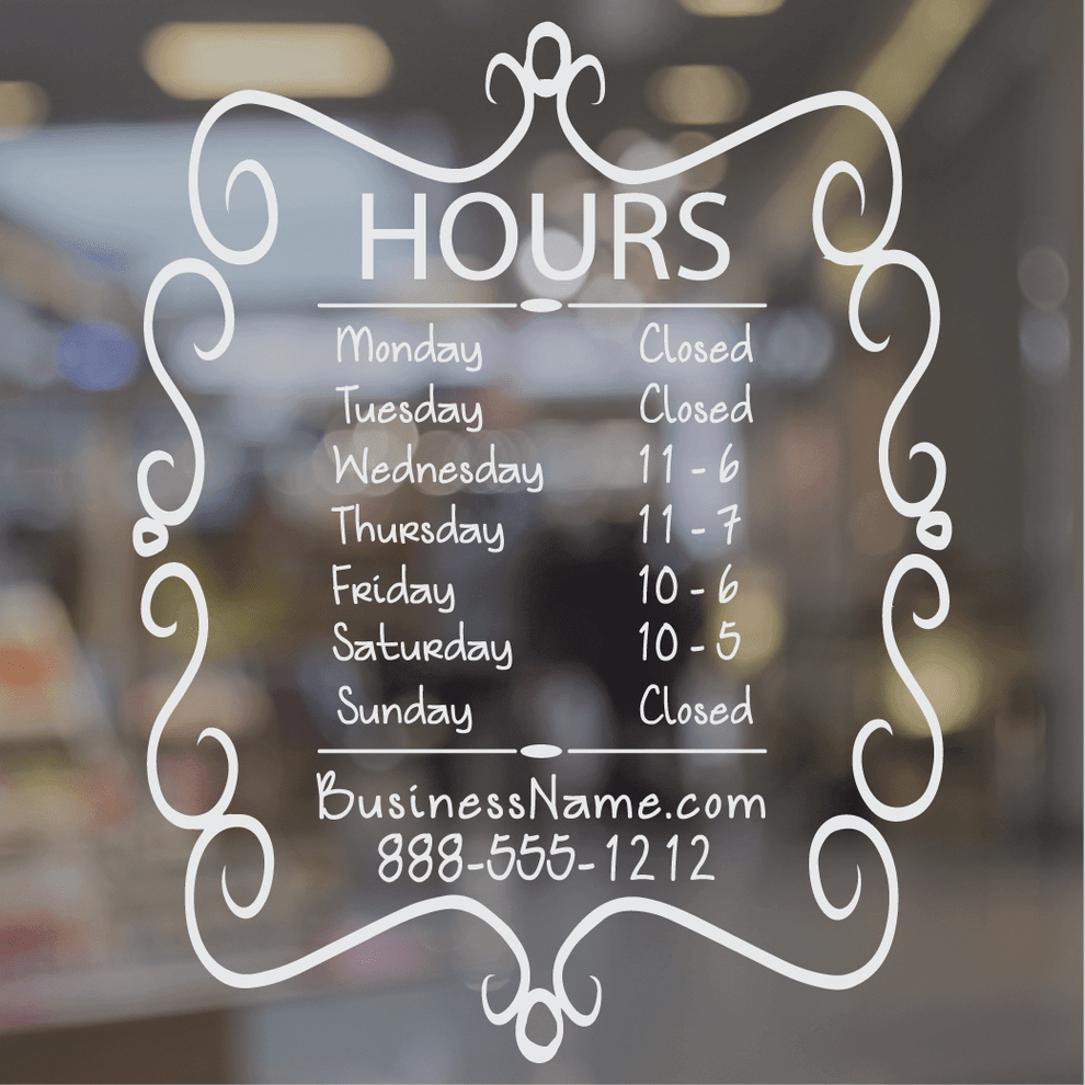 Business Storefront, Hours and Information (001) – Shop Vinyl Design