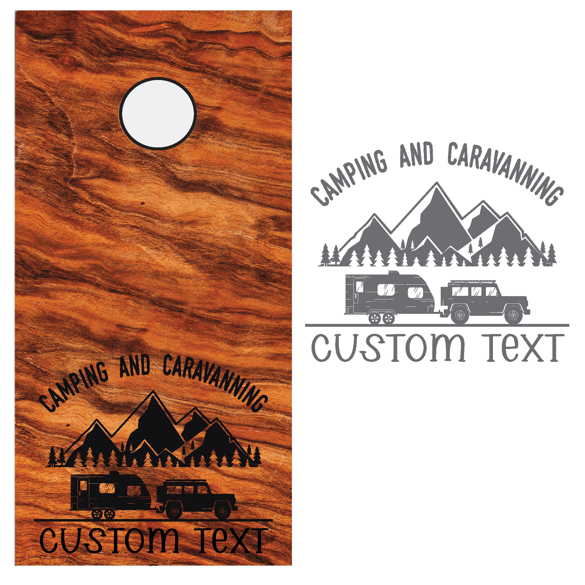 ShopVinylDesignStore.com Camping and Caravanning with CUSTOM TEXT for Corn Hole Boards Wide Style 31 Shop Vinyl Design decals stickers