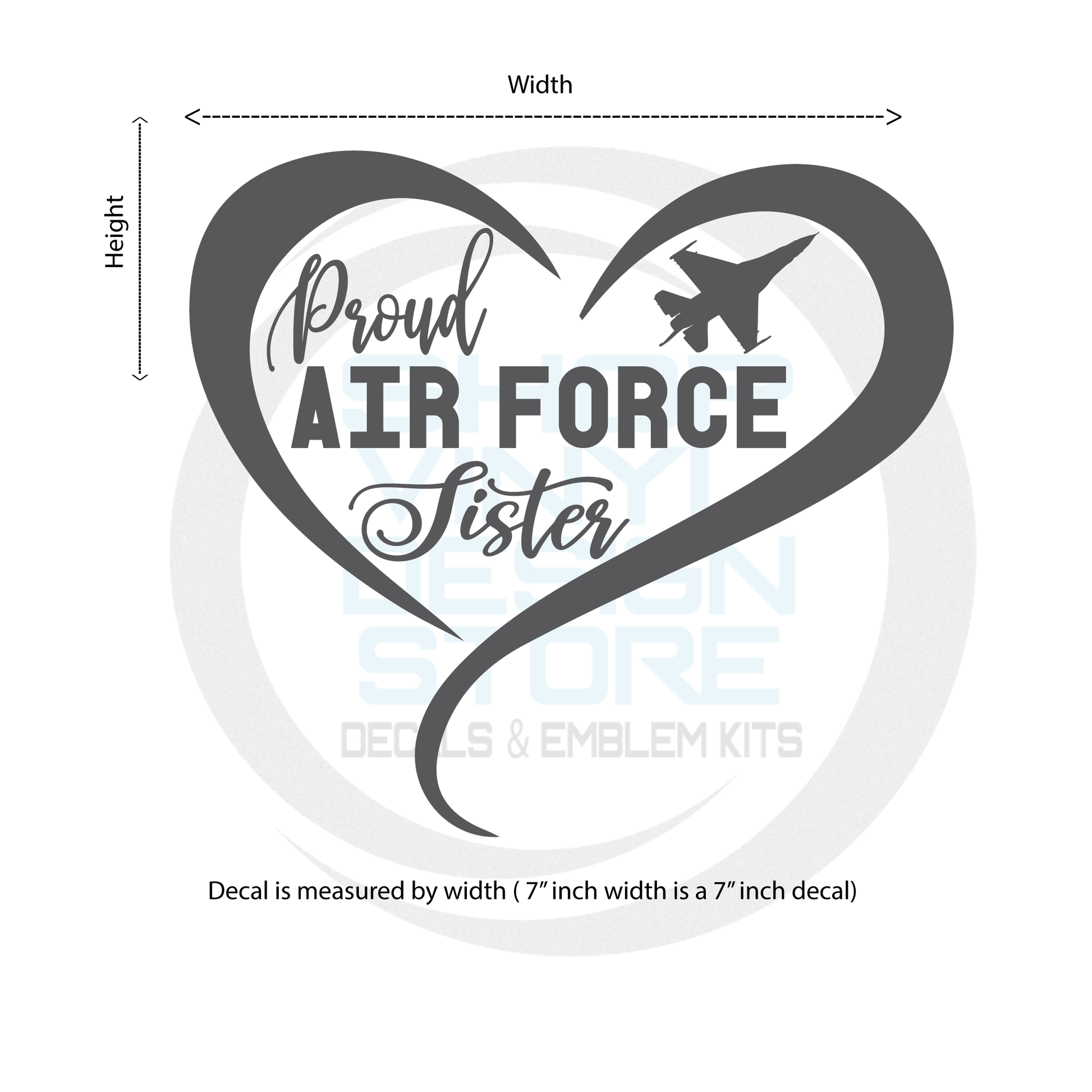 ShopVinylDesignStore.com Proud Air Force Sister, Heart with Jet Plane Wide Shop Vinyl Design decals stickers