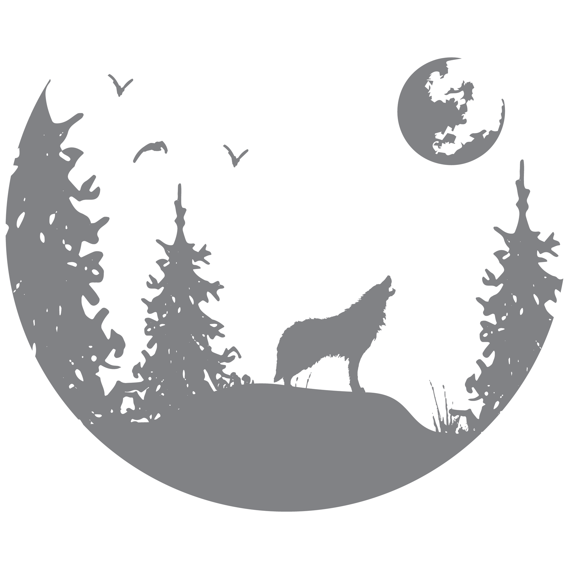 ShopVinylDesignStore.com Wolf Howling at The Moon In A Half Moon with Forest Scenery Wide Shop Vinyl Design decals stickers