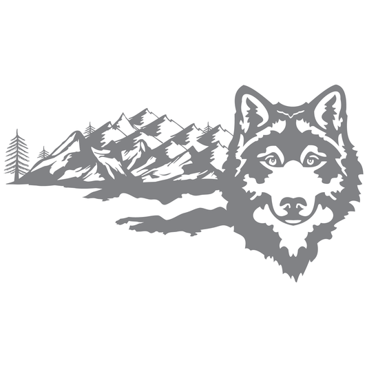 ShopVinylDesignStore.com Wolf with Mountain Scenery Wide Shop Vinyl Design decals stickers